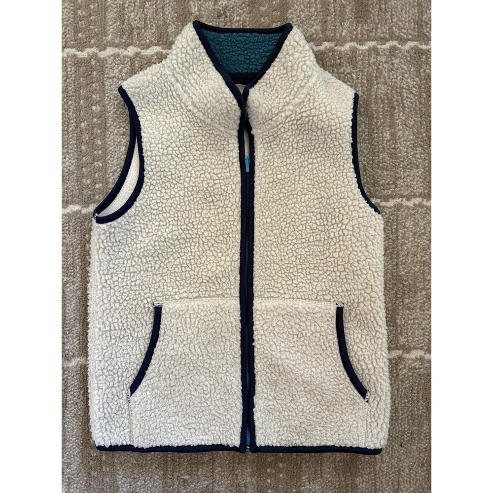 UNIQLO Kids 9-10 Sherpa Fleece Vest Cream Teal Full Zip Teddy Outdoor